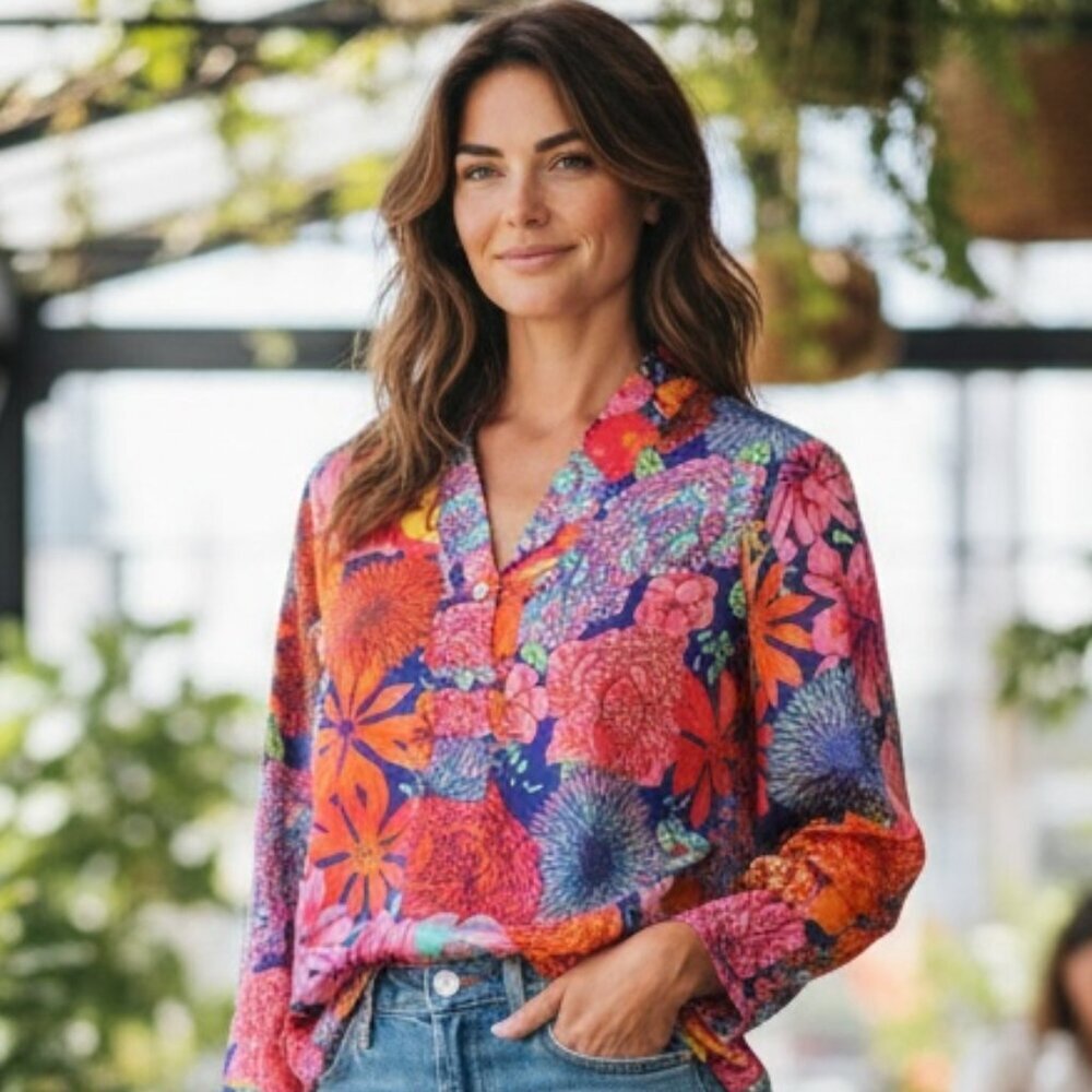 NATORI Womens Polyester Satin‎ Top Colorful Floral Print Kimono Sleeve XS #210N